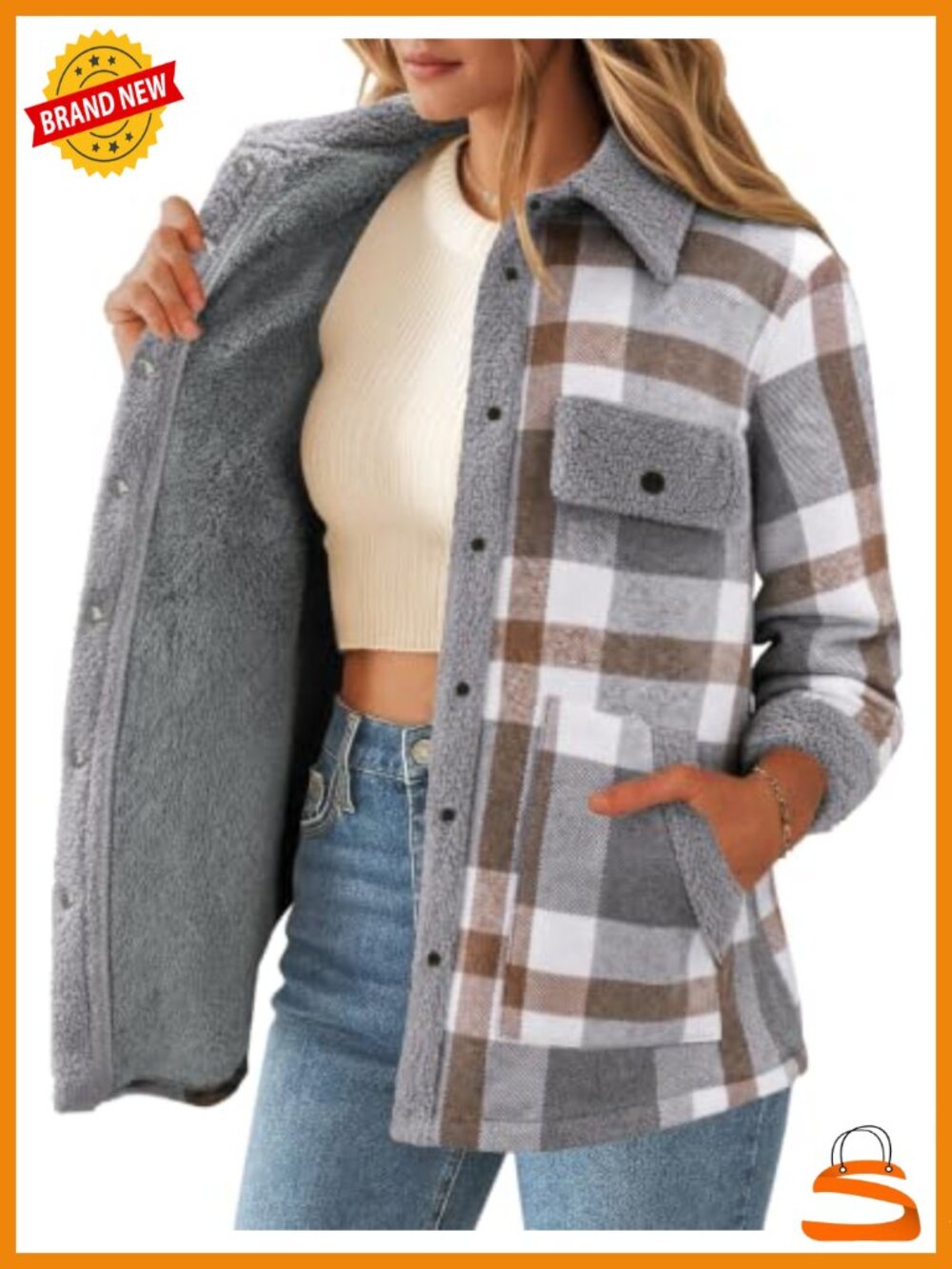 Womens Fleece Lined Plaid Flannel Shacket Snap Button Sherpa Jacket